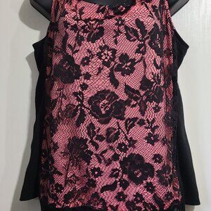 Worthington Womens Tank Top Pink Black Floral Lace Pullover Large